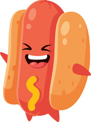 Cartoon cute laughing hotdog sausage with mustard illustration