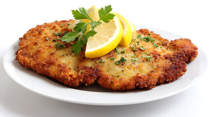 Crispy Veal Milanese Garnished with Fresh Lemon Slices and Parsley on a White Plate Ready to Serve