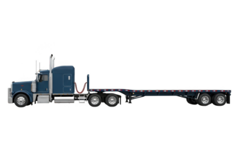 Blue semi truck with flatbed trailer isolated on transparent background