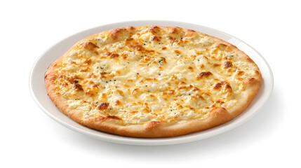 Ultra Realistic Gourmet Four Cheese Pizza with Golden Brown Crust and Melted Cheese Served on a White Plate