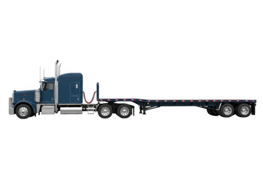 Blue semi truck with flatbed trailer isolated on transparent background