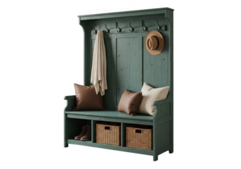 Vintage hall tree with bench and storage isolated on transparent background