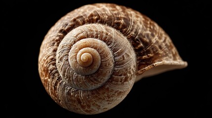Isolated tan snail shell showing spiral pattern detail against a black background