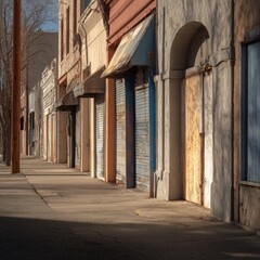 Fototapeta premium Empty storefronts with awnings on an old street. Sidewalk with tall trees