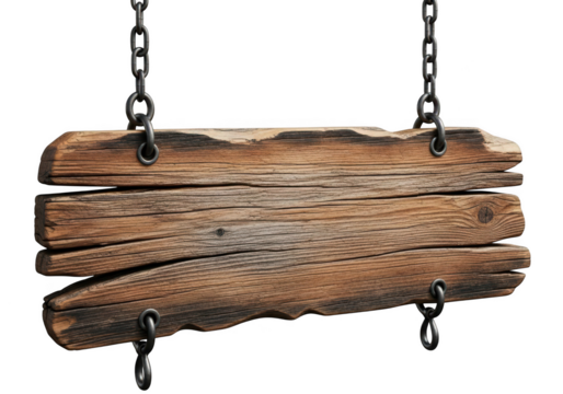 Rustic wooden sign hanging by chains isolated on transparent background
