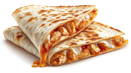 Stacked quesadillas filled with chicken, cheese, and sauce on a white background