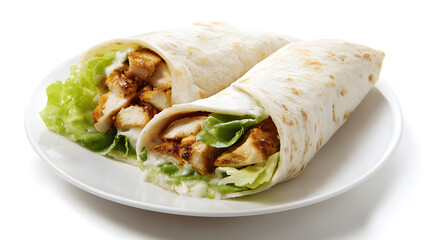 Ultra Realistic Image of Caesar Chicken Wrap with Fresh Lettuce and Creamy Sauce on a White Plate