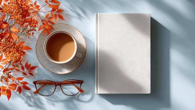 Book, coffee, autumn leaves, eyeglasses on pastel background