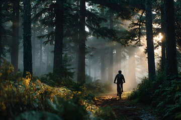 Obraz premium Young man biking through forest