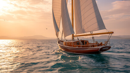 Classic Wooden Sailing Yacht at Sunset on the Open Sea