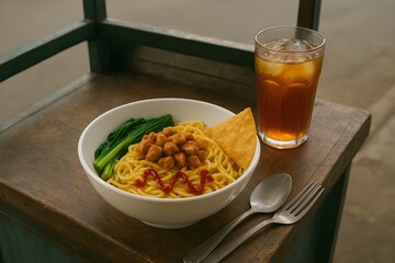 Over-the-shoulder view of mie ayam served on a street food cart table