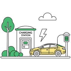 Modern Electric Vehicle Charging Station with Yellow Car and Green Trees
