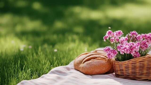 Homemade bread arranged with fresh flowers on a blanket in a serene garden. Lush green grass setting during a warm afternoon. Concept of outdoor dining, gatherings, picnic events