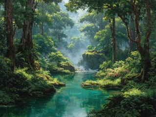 River Flowing Through Verdant Tropical Rainforest with Trees and Vegetation
