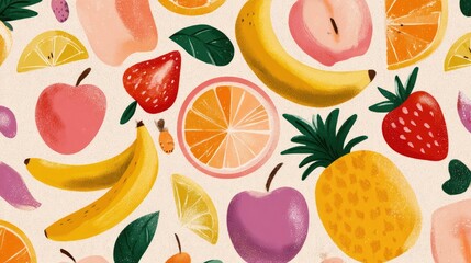 Fototapeta premium Whimsical, colorful fruit pattern on light background