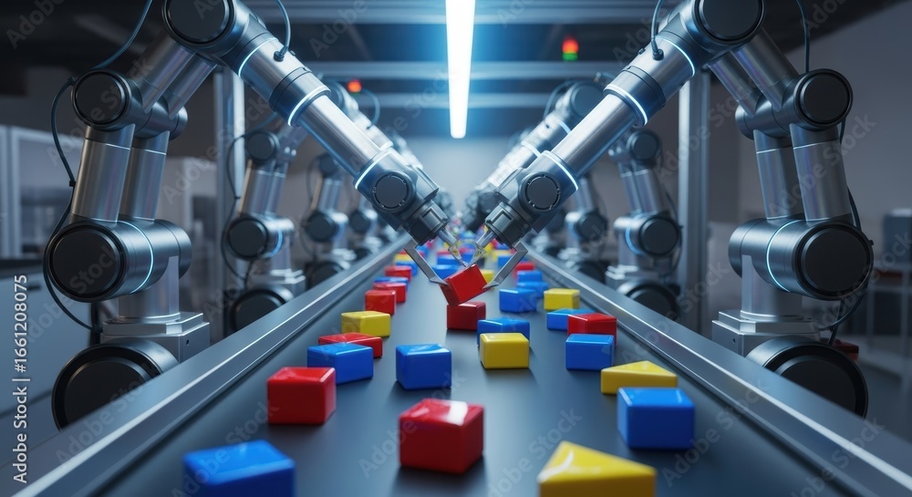 Poster automated assembly line: robotic arms sorting colorful blocks