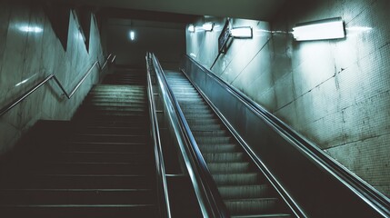 Escalator and stairs in a dimly lit environment