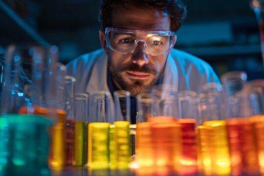 A chemical engineer in a lab coat examining beakers of colorful liquids. Safety goggles glint under the bright lights. The mood feels scientific, Generative AI