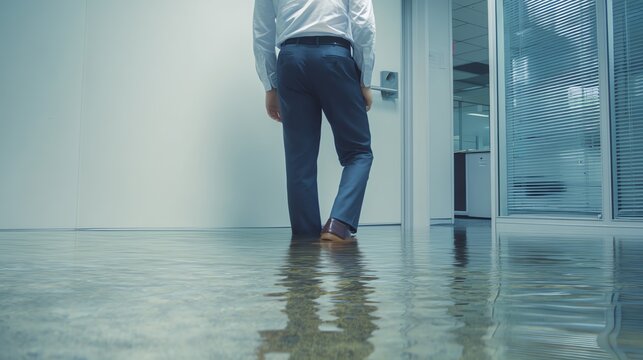 Businessman walking through flooded office space