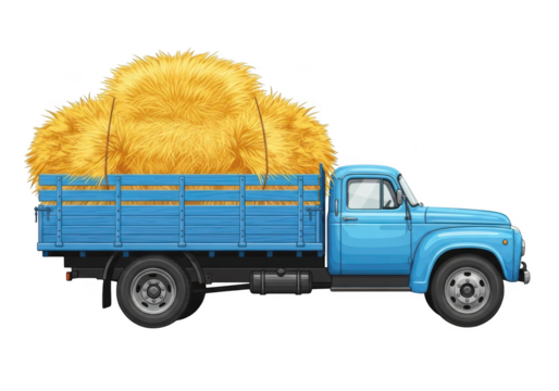 Vintage truck hauling hay bales isolated on transparent background