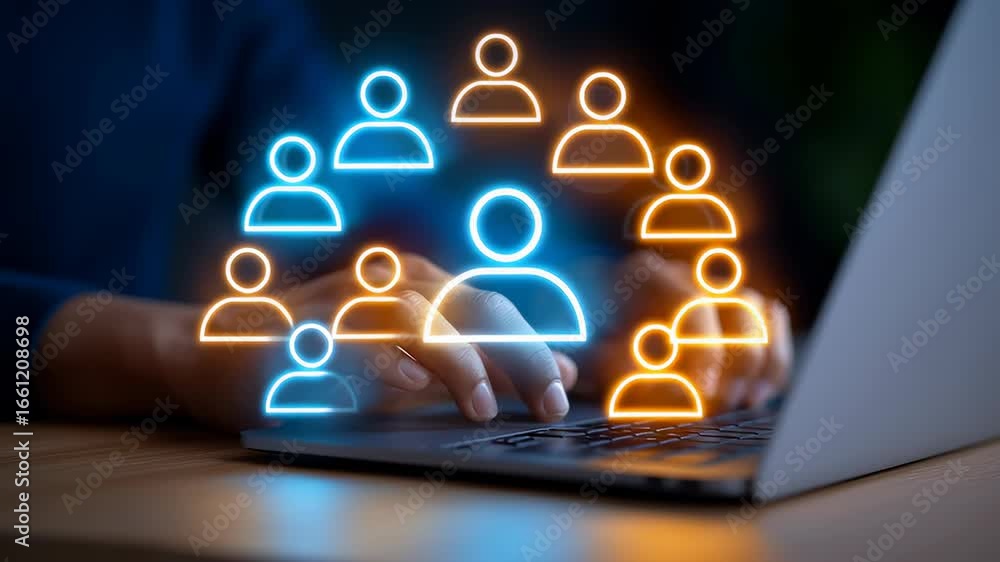 Poster Hands interact with laptop keyboard as transparent hologram of multiple user icons appears above. Dark room setting with illuminated background