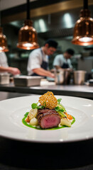Close-up gourmet dish with chef team in background
