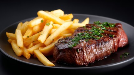 Juicy grilled steak served with crispy golden fries. A classic dish that delights meat lovers. Perfect for food photography or restaurant menus. Capture the deliciousness. AI