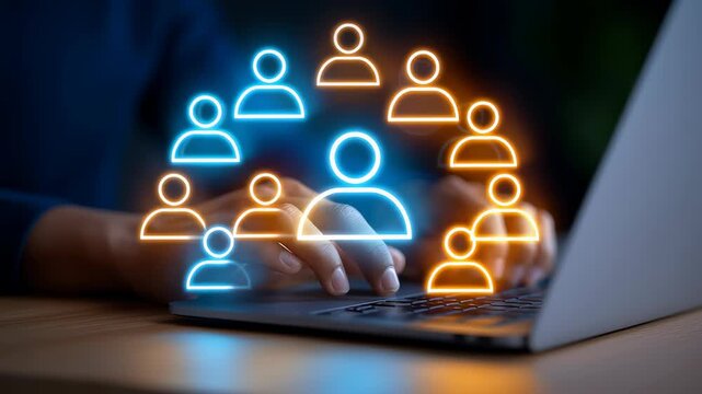 Hands interact with laptop keyboard as transparent hologram of multiple user icons appears above. Dark room setting with illuminated background