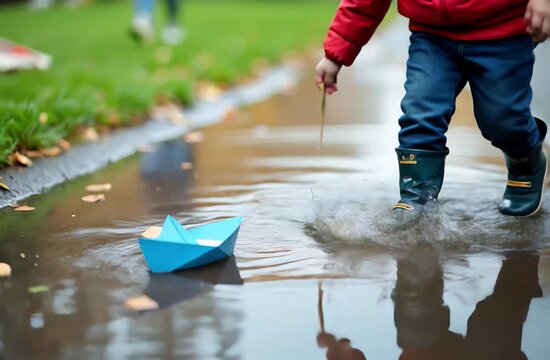 Child playing with paper boat in puddle on rainy day  