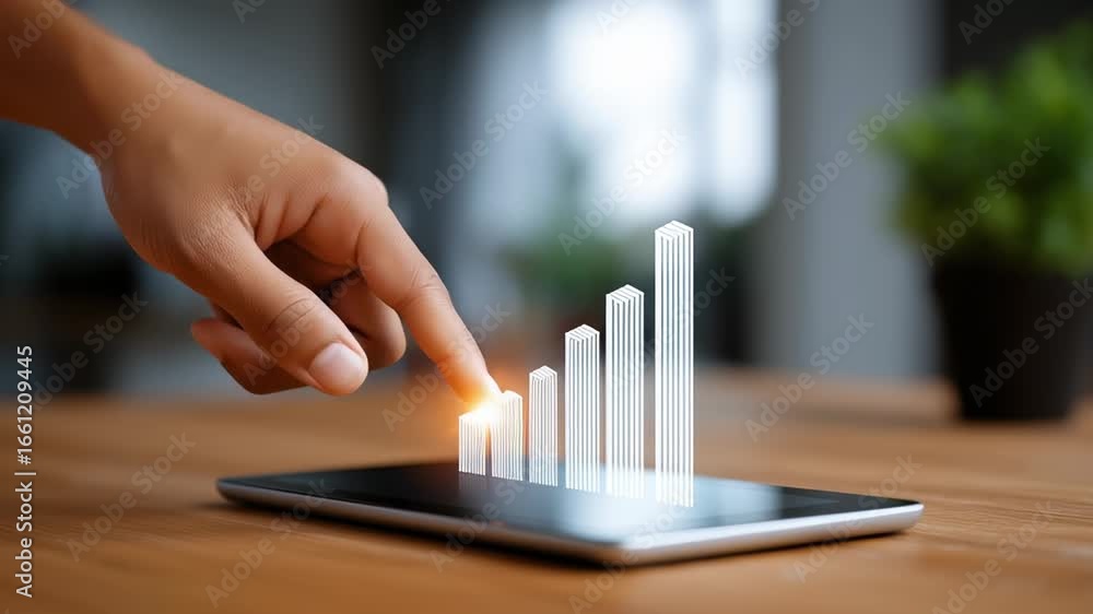 Poster hand moves to touch interactive screen displaying ascending bar chart. modern office setting with wo