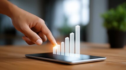 Hand moves to touch interactive screen displaying ascending bar chart. Modern office setting with wooden table and plants in background. Concept of finance, data analysis, technology - Powered by Adobe