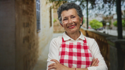 Obraz premium Senior woman with grey hair wearing a red apron stands smiling outdoors in an old town, her arms confidently crossed against a backdrop of a charming street.