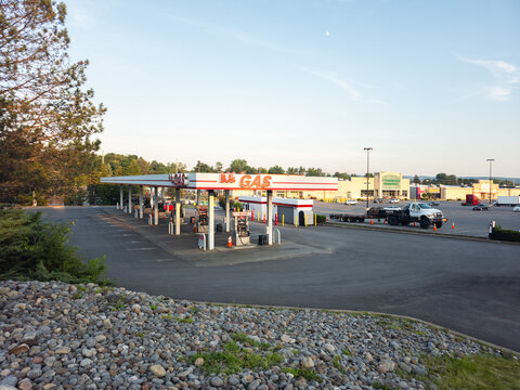 Utica, NY - Jul 5, 2025: Wide view of BJ's Gas, is a fuel service offered at select BJ's Wholesale Club locations for members and non-members, only members receive special low prices and discounts