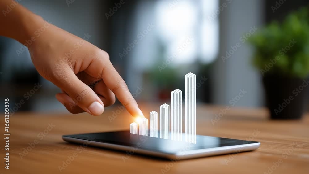 Aufkleber hand moves to touch touchscreen with big bar chart showing rising statistics and growth metrics. mod