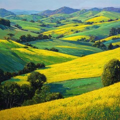 Rolling green & yellow hills under blue sky, with distant mountains and trees