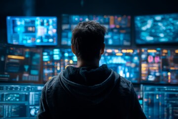 A cybersecurity specialist illuminated by multiple screens. Digital codes cascade across the monitors. The mood feels vigilant and futuristic, Generative AI 