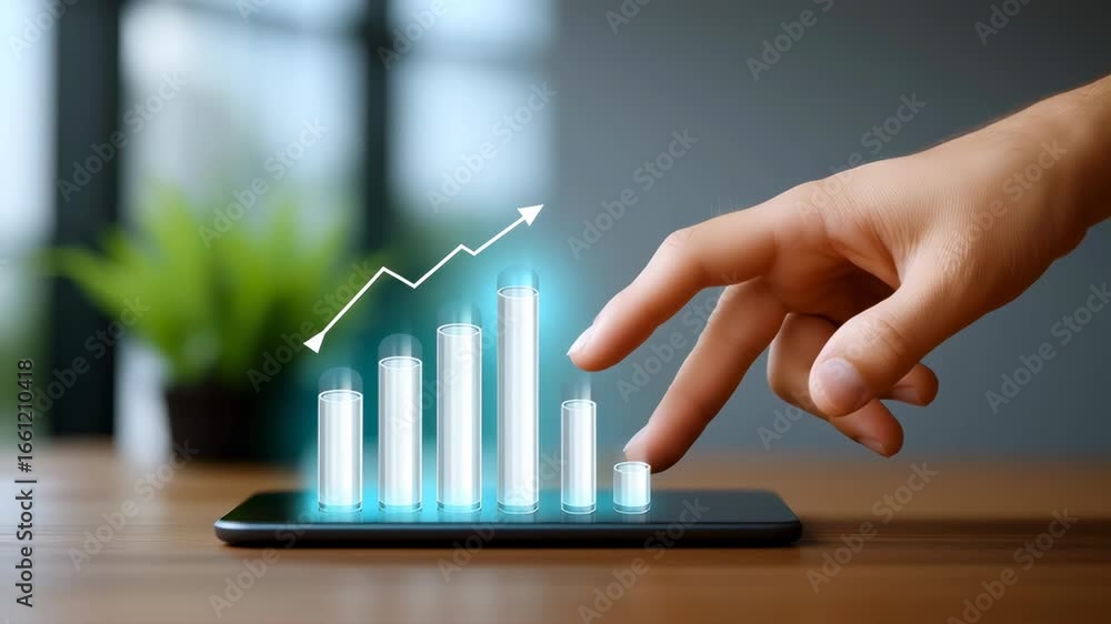 Poster hand touches smartphone screen displaying interactive bar chart highlighting upward performance tren