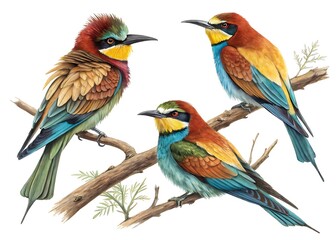 Obraz premium Vibrant watercolor painting of european bee eaters perched on a branch illustration on transparent background