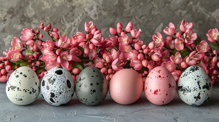 Easter border design with vibrant spring flowers and colorful quail eggs on a white background, 