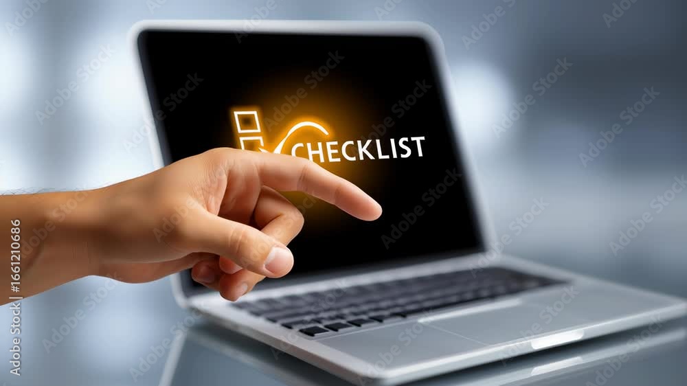 Poster hand points at glowing checklist on laptop screen. modern workspace with blurred background creates 