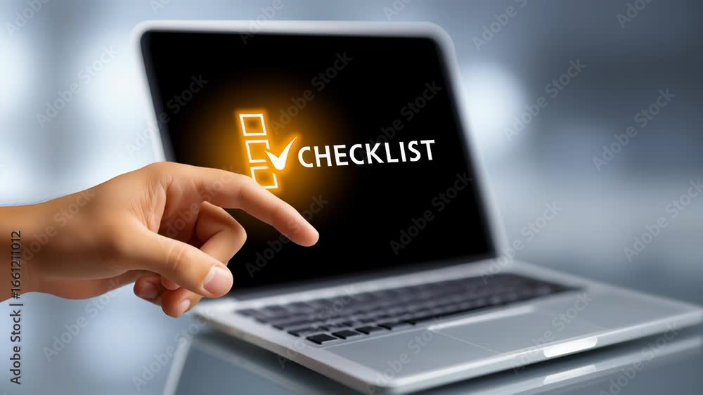 Poster hand points at laptop screen showing checklist to emphasize task management and organization. modern