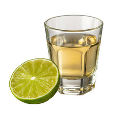 A shot glass of tequila with a lime wedge, isolated on a transparent background. background removed
