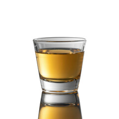 A shot glass filled with golden liquid, isolated on a transparent background, reflecting light. background removed