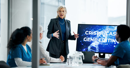 Presentation, woman and monitor with healthcare staff for discussion, innovation and crispr....
