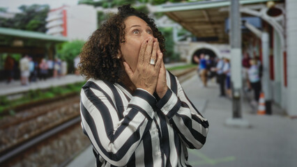 Woman opens mouth in astonished expression wearing striped shirt at train station building;...