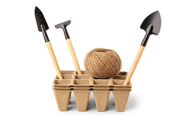 Gardening supplies, rope and containers for seedlings on white background