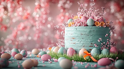 Easter Themed Cake Decorated with Pastel Eggs Ribbons and Vibrant Grass on a Festive Spring Backdrop