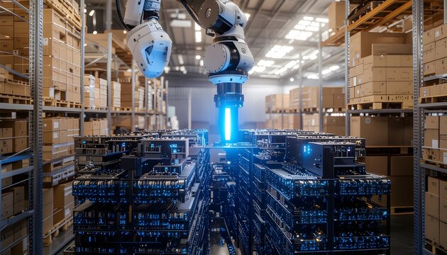 Robotic Arm and AI Sensor Working on High-Tech Electronics in a Smart Warehouse