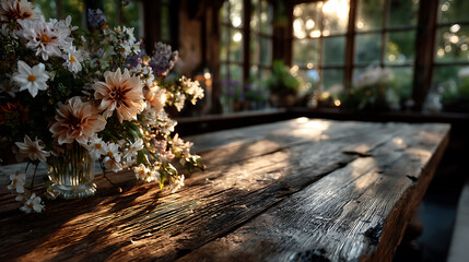 rustic wood table adorned with flowers, creating warm atmosphere