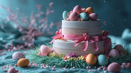 Easter Themed Cake Decorated with Pastel Eggs Ribbons and Vibrant Grass on a Festive Spring Backdrop